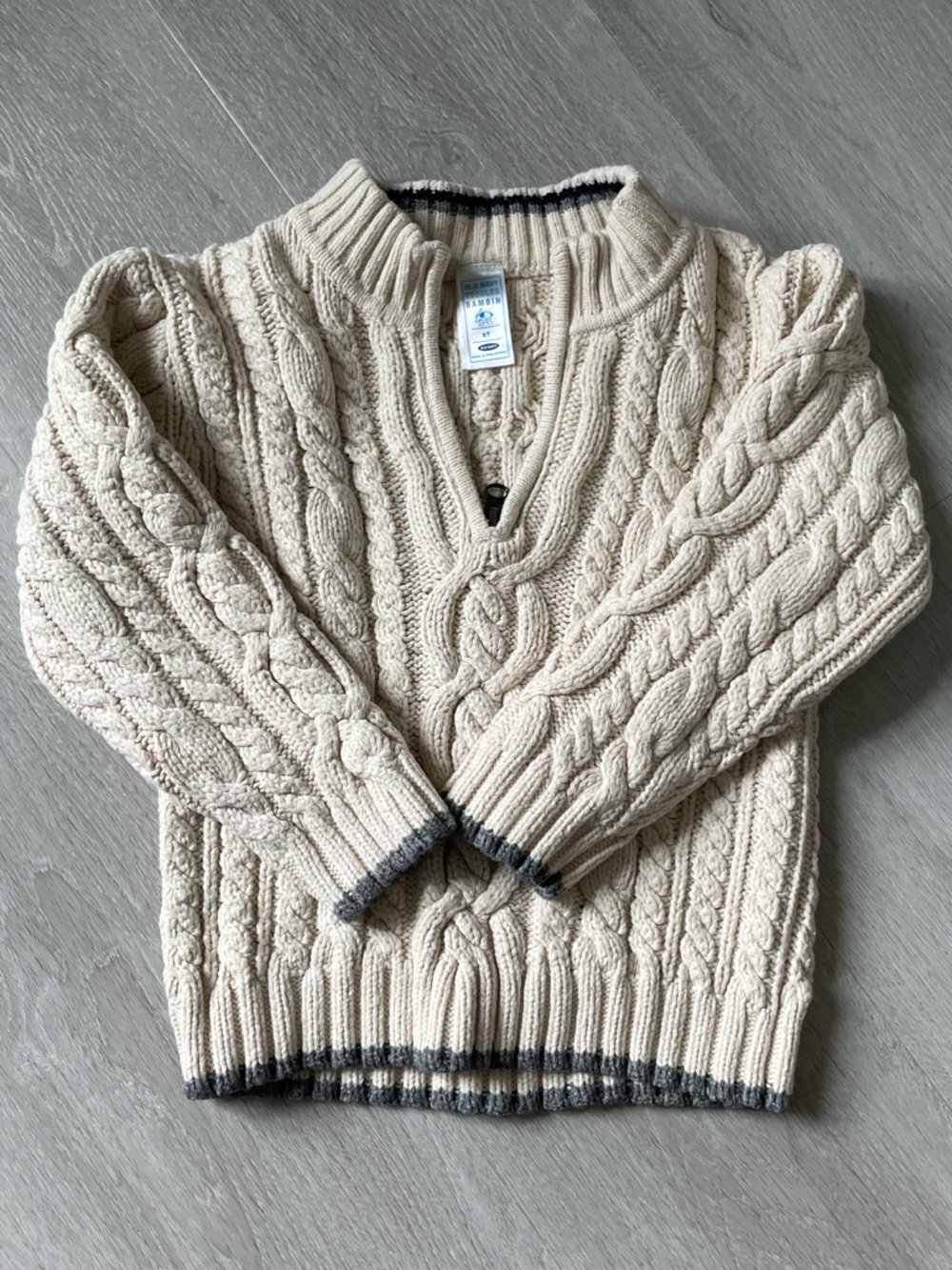 Old Navy Cream Cable-Knit Half-Zip Sweater with Gray Trim